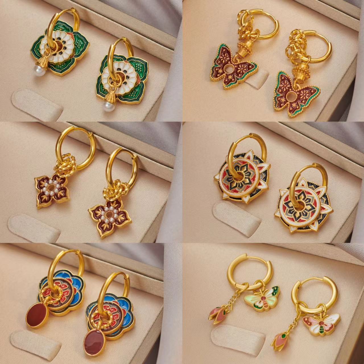Ethnic Fashion Way - أقراط مينا صينية عتيقة مطلية بالذهب